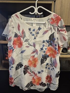 Arianne White Blouse with Coral Floral Print